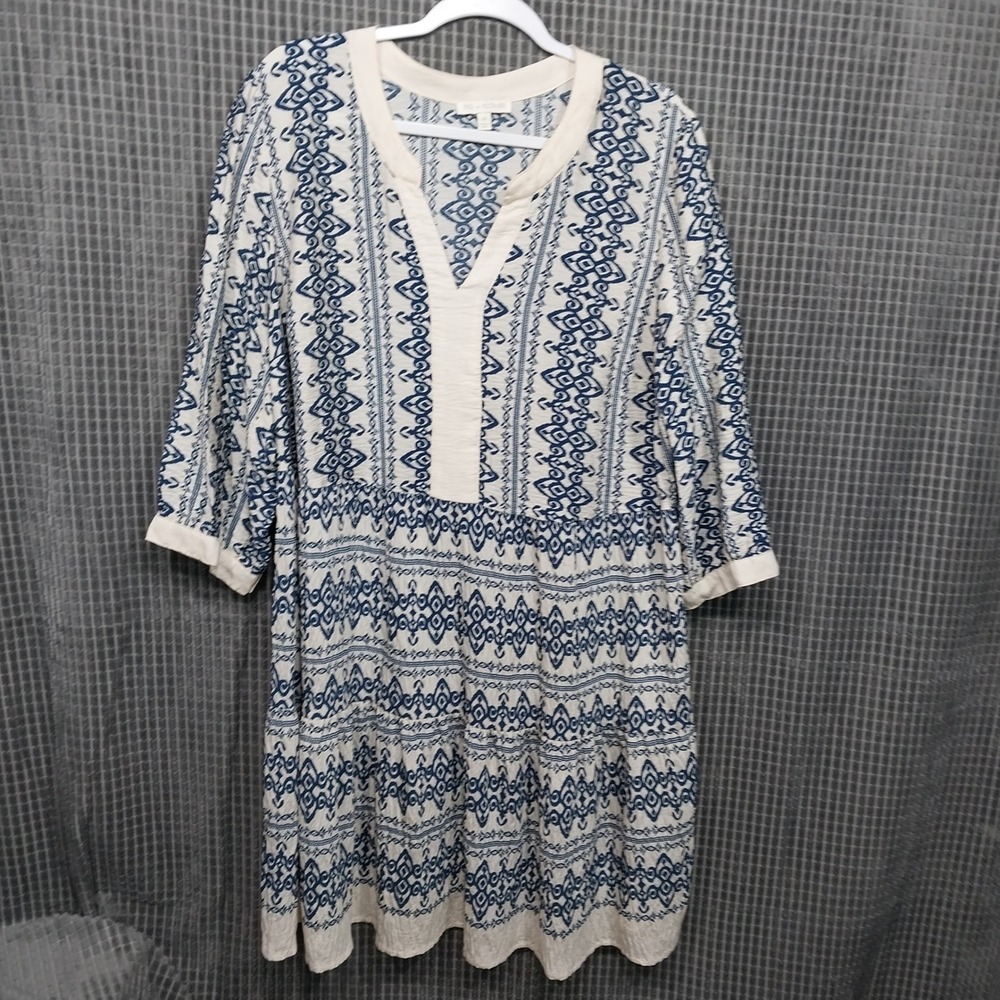 Fig + Flower Mini Dress Womens 2X Blue Cream Ikat Tiered V-Neck 3/4 Sleeve Boho